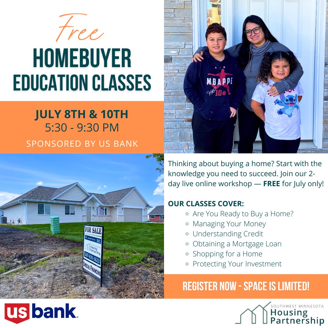 Our FREE 2-day Homebuyer Education class is back July 8 &amp; 10 (5:30–9:30 PM)! Learn about credit, budgeting &amp; mortgages, earn your certificate (great for down payment help), and join online from anywhere. 🏡💻

Register: lnkd.in/gbY64DQi

#SWMHP #HomebuyerEducation