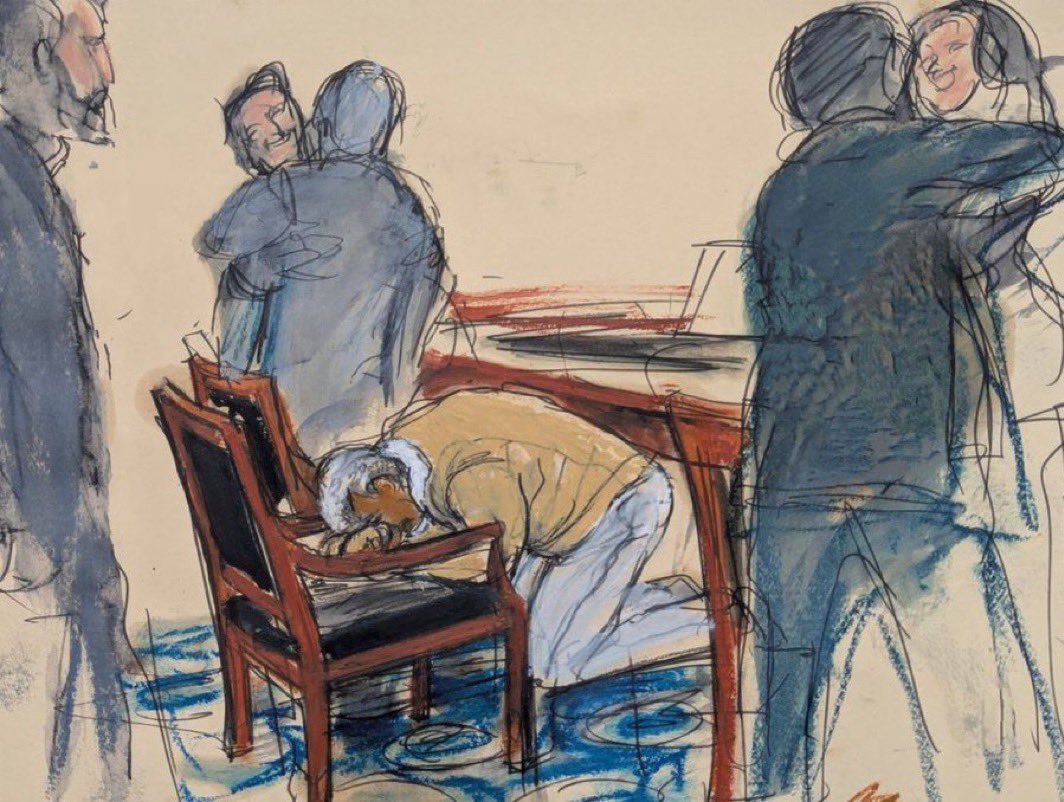 AeroGant's tweet image. Courtroom sketch captures the moment Diddy drops to his knees, doubled over after hearing the verdict. A powerful image of shock and emotion. Sniffing the chair is wild!