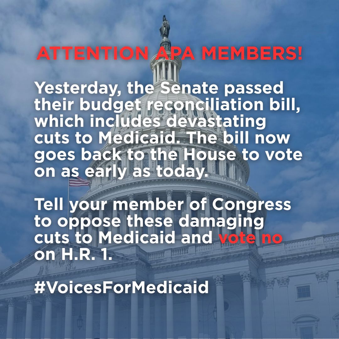 Yesterday, the Senate passed their budget reconciliation bill, which includes devastating cuts to Medicaid. 

Tell your member of Congress to oppose these damaging cuts to Medicaid and vote no on H.R. 1. #VoicesForMedicaid

Get Involved: ow.ly/PNGN50WgoL0