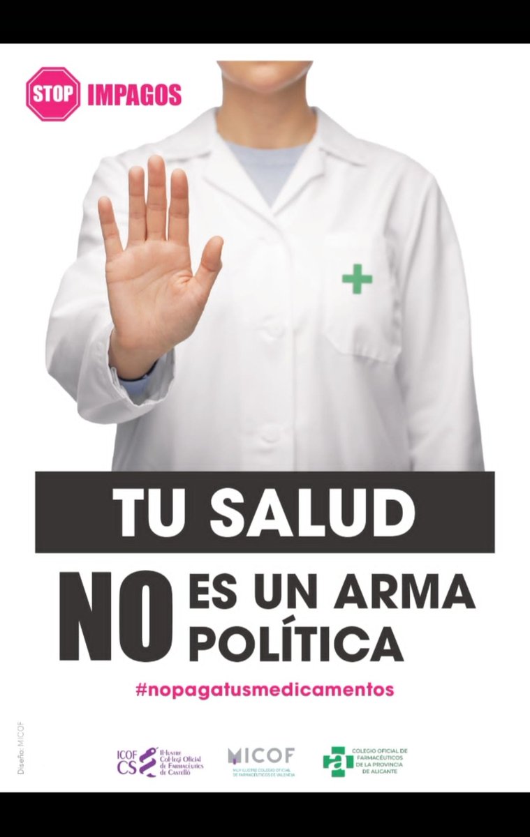 #stopimpagos 
#nopagatusmedicamentos 
<a href="/GVAsanitat/">GVA Sanitat</a> 
No dejes que jueguen con tu salud. Ayudanos a reclamar lo tuyo.
Stop impagos a las farmacias