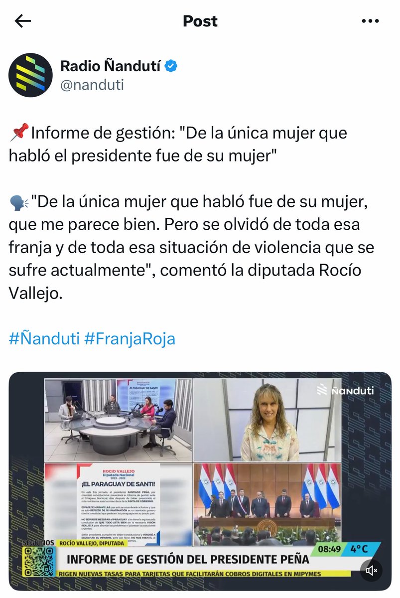 LA RED 🇵🇾 (@lared_py) on Twitter photo ESCUCHAR ES CLAVE. LA VERDAD ESTÁ EN LOS DETALLES. LA VERDAD REQUIERE ATENCIÓN
La diputada Vallejo, presente en el #InformePresidencial2025, pareció ausente de espíritu al decir en <a href="/nanduti/">Radio Ñandutí</a> que Peña solo nombró a su esposa, refiriéndose que se olvidó de las mujeres. Ignoró la ESCUCHAR ES CLAVE. LA VERDAD ESTÁ EN LOS DETALLES. LA VERDAD REQUIERE ATENCIÓN
La diputada Vallejo, presente en el #InformePresidencial2025, pareció ausente de espíritu al decir en <a href="/nanduti/">Radio Ñandutí</a> que Peña solo nombró a su esposa, refiriéndose que se olvidó de las mujeres. Ignoró la