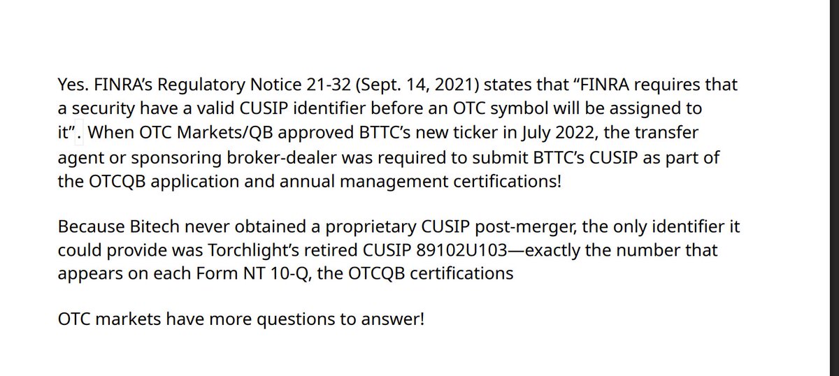 Morituri te salutant (@caveatlector12) on Twitter photo I got an email from Legacy Transfer agent for BTTC. What they told me was 1. WRONG 2. IMPOSSIBLE. Did BTTC trade between JULY 22 and end 24 under the TRCH CUSIP. <a href="/OTCMarkets/">OTC Markets Group</a> what you say? Cromwell? $mmtlp Make your own mind up? I got an email from Legacy Transfer agent for BTTC. What they told me was 1. WRONG 2. IMPOSSIBLE. Did BTTC trade between JULY 22 and end 24 under the TRCH CUSIP. <a href="/OTCMarkets/">OTC Markets Group</a> what you say? Cromwell? $mmtlp Make your own mind up?