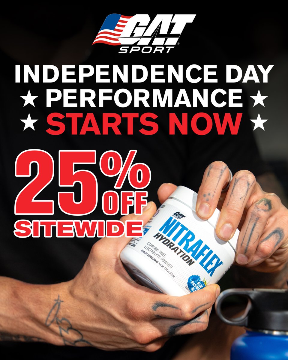GATSPORTUSA's tweet image. Independence Day performance starts now!
25% off sitewide, fuel up with the all-new Nitraflex Hydration, and rep the red, white, and swole with our Limited Edition Legacy Flag Tee.
From hydration to optimization, everything you need to #COMPETEHARDER this Fourth of July. 🇺🇸🔥💦