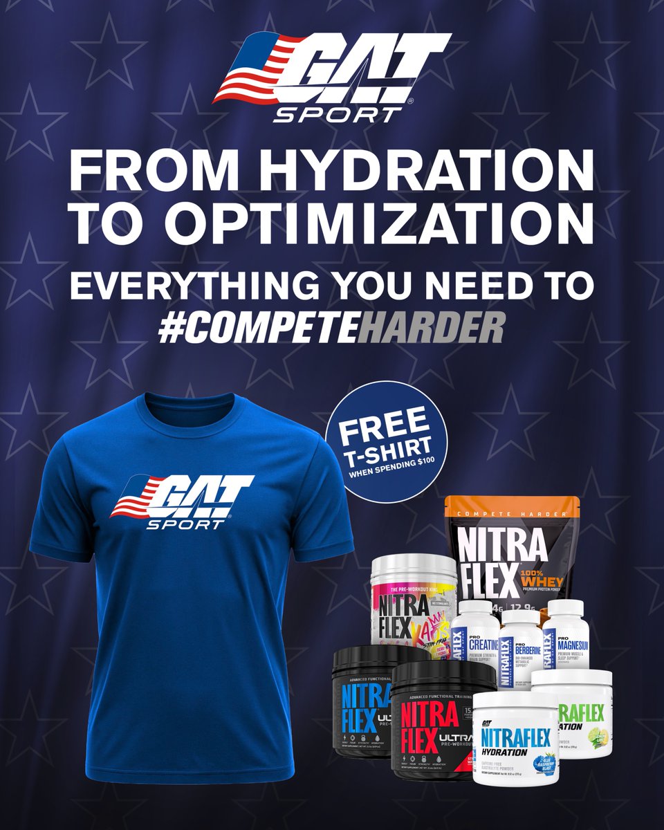 GATSPORTUSA's tweet image. Independence Day performance starts now!
25% off sitewide, fuel up with the all-new Nitraflex Hydration, and rep the red, white, and swole with our Limited Edition Legacy Flag Tee.
From hydration to optimization, everything you need to #COMPETEHARDER this Fourth of July. 🇺🇸🔥💦