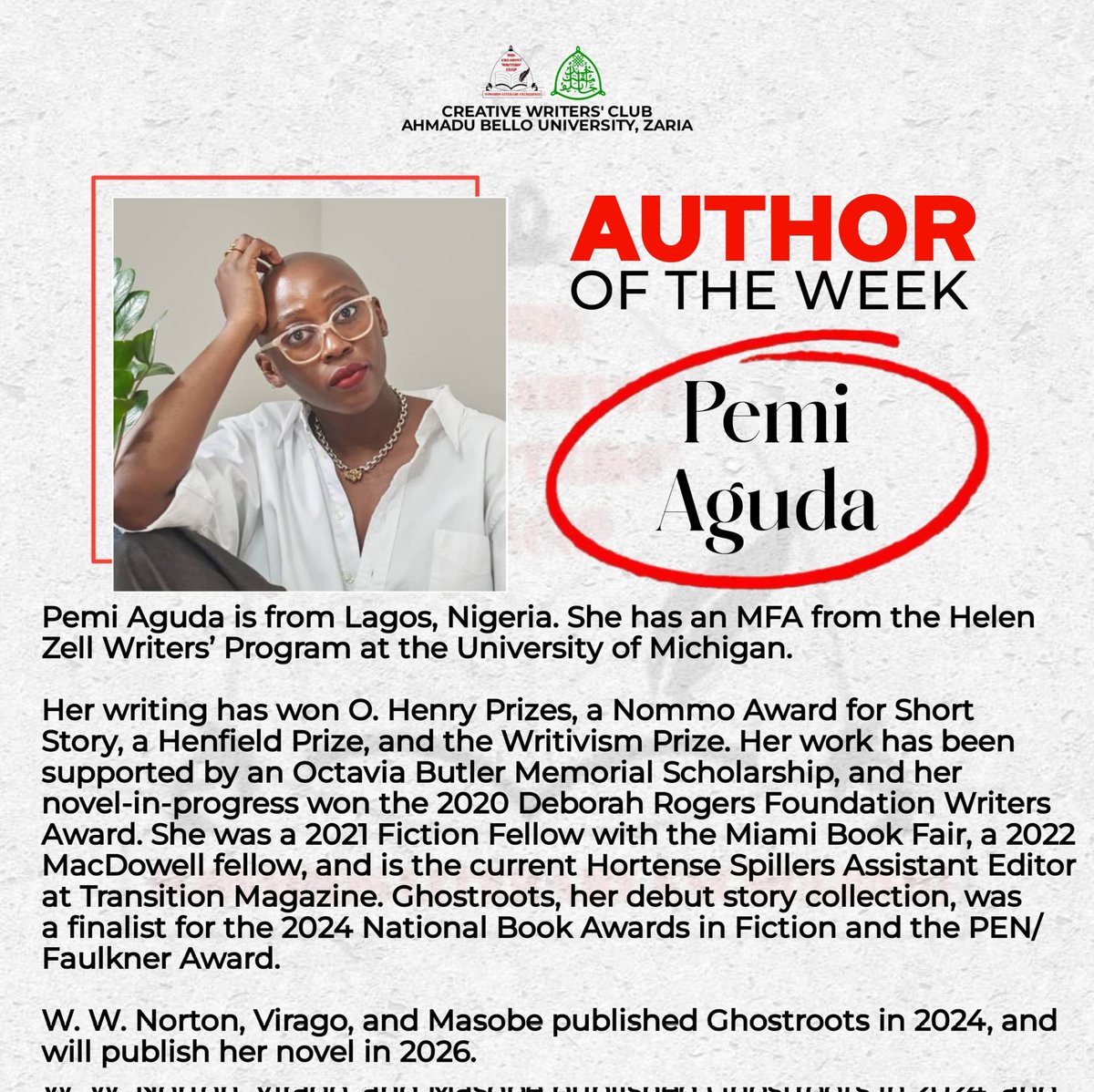 cwc_abu's tweet photo. AUTHOR OF THE WEEK: PEMI AGUDA

Pemi Aguda is from Lagos, Nigeria. She has an MFA from the Helen Zell Writers’ Program at the University of Michigan. https://t.co/NYGuDlp6tt