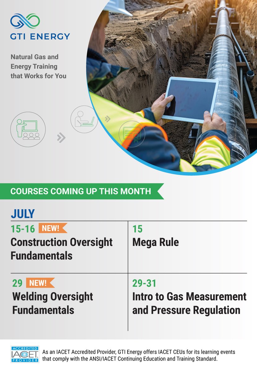 GTIeducation's tweet image. Build your industry expertise this July with @gti_energy's upcoming training courses, covering key topics in oversight, regulatory compliance, & system design. Don’t forget to use code TAKE15_2025 for 15% off registration! 🗓️ Check out our course calendar: gti.energy/training-event…