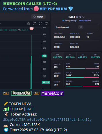 dolphincalled's tweet photo. 🪙 𝗦𝗢𝗟𝗔𝗡𝗔
#JOKERS #BTC #DEGE #XSTOCKS #LC #KABOOM #NKSE #CUMSTOCK #SCAM #SALT #SSE #SHITCOIN #MEMDEX #KOKOK #NIGGA 

TIME: 2025/07/02
#SALT 
CA: 2KqzGcQLTEPrm6u5teGQMzR4M3v7RB5184qth1hxn3Jy

CALL 28K ->311K

WIN: 11.1X

FOLLOW TG: https://t.co/PTkIzpFb6Y
#Solana #memecoins https://t.co/Sc0Vw1wjM2