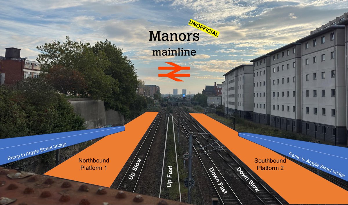 My (unqualified) thoughts should Manors mainline be redeveloped in future for improved service &amp; accessibility, and presumably increased line capacity too.

Two straight (4-car) platforms beneath/south of Argle St, with long disability-compliant ramps up to the over-bridge. (1/2)