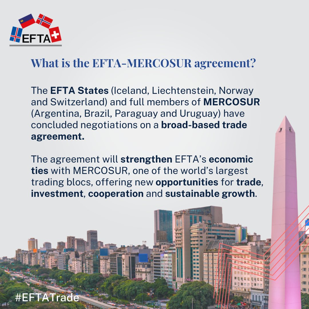 EFTAsecretariat's tweet image. EFTA and MERCOSUR conclude Free Trade Agreement negotiations!
The FTA creates a trade zone of nearly 300 million people and a combined GDP of over $4.3 trillion.
Read the joint statement 👉efta.int/media-resource…
Learn more about the new #FTA ⬇️