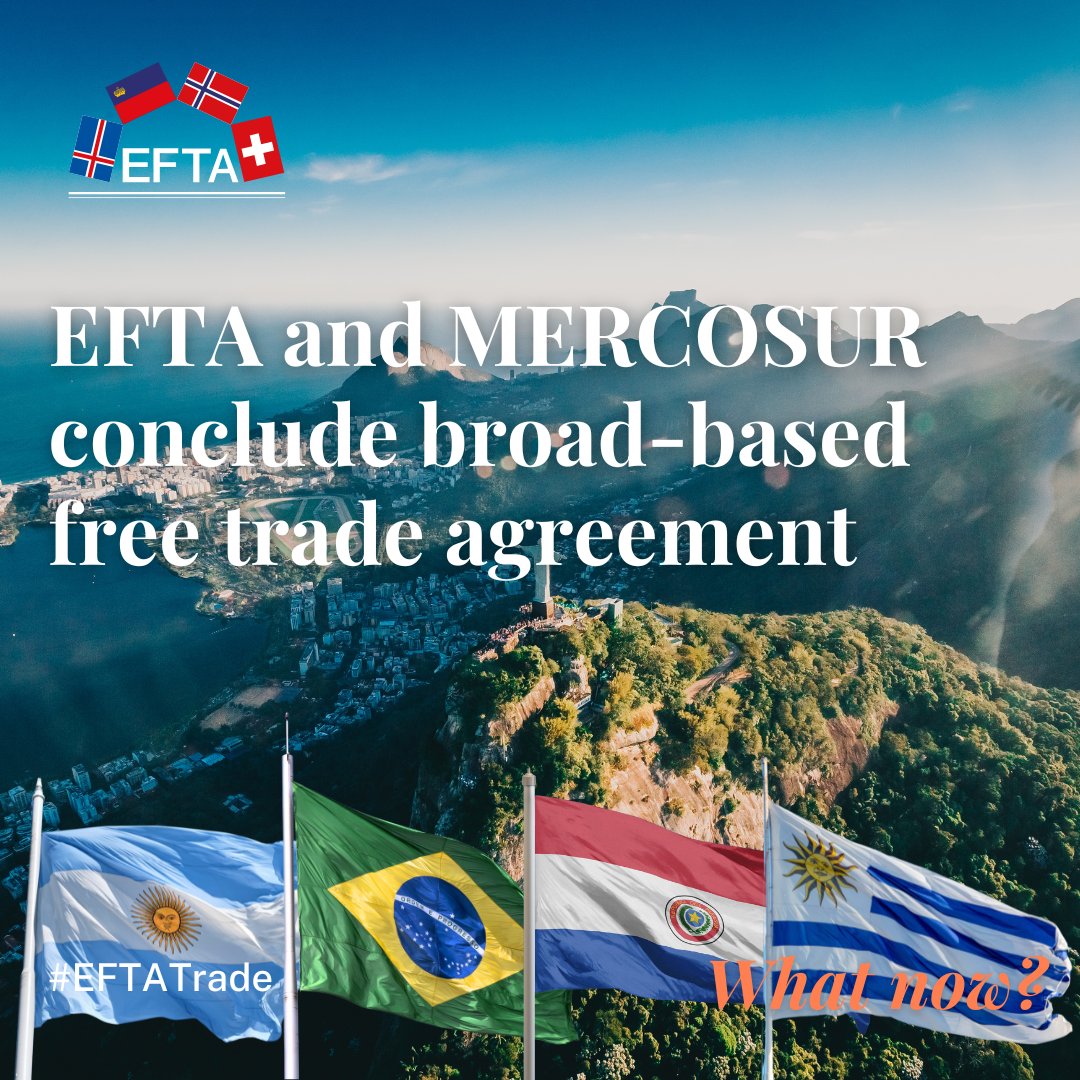 EFTAsecretariat's tweet image. EFTA and MERCOSUR conclude Free Trade Agreement negotiations!
The FTA creates a trade zone of nearly 300 million people and a combined GDP of over $4.3 trillion.
Read the joint statement 👉efta.int/media-resource…
Learn more about the new #FTA ⬇️