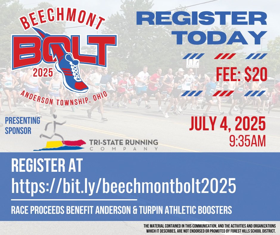 Run down Beechmont Ave. to support <a href="/Boosters_AHS/">Anderson Athletic Boosters</a> &amp; <a href="/TurpinBoosters/">Turpin Athletic Boosters</a>! It’s happening just BEFORE the BEST 4th of July parade in the city!

Hope to see A LOT of <a href="/AndersonRaptors/">Anderson High School</a> there!

Thank you <a href="/AndersonCincy/">Anderson Township</a> &amp; <a href="/TriStateRunning/">Tri-State Running Co</a> for your support!

Register: bit.ly/beechmontbolt2…