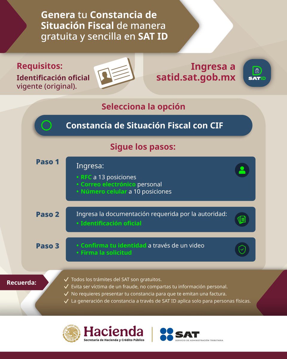Conoce los pasos para generar tu Constancia de Situación Fiscal (CSF) en SAT ID es fácil, rápido y gratis.

Ingresa aquí para generarla: satid.sat.gob.mx