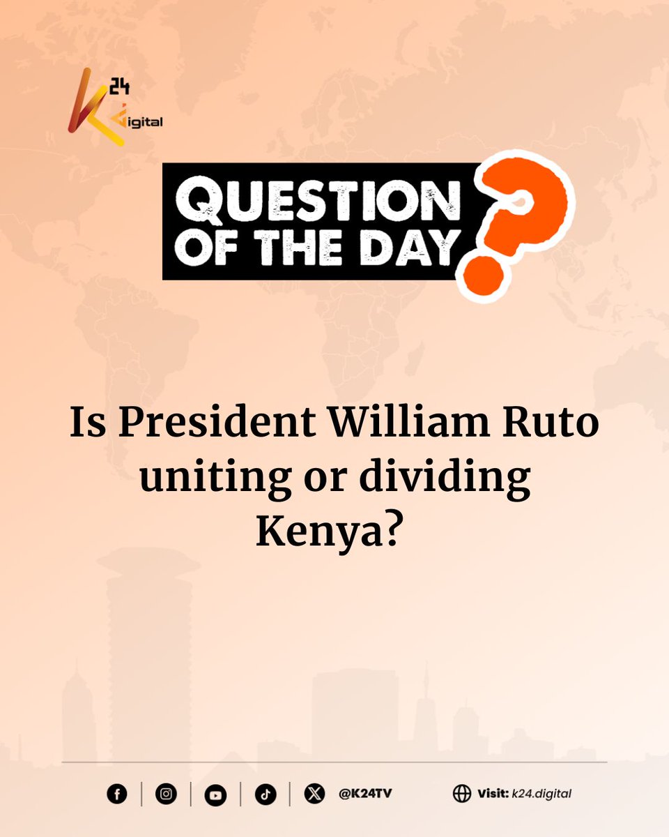 K24Tv's tweet photo. Is President William Ruto uniting or dividing Kenya?
#PeopleDialogue https://t.co/BdCNcuQtjX