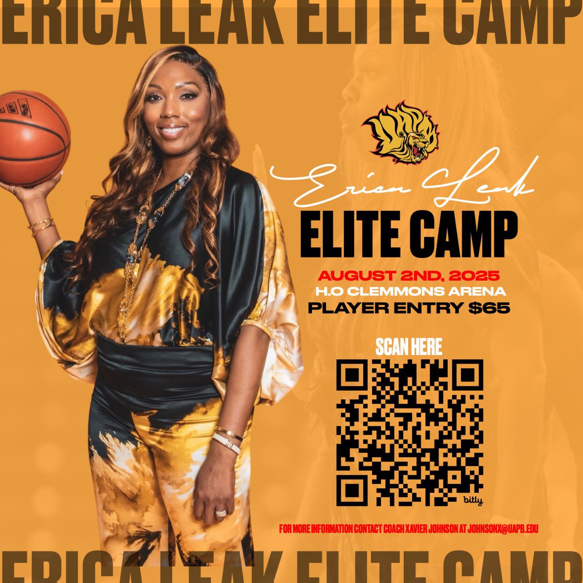 UAPBLionsWBB's tweet image. Get ready for elite competition at the Erica Leak Elite Camp! Join us August 2nd for top-tier basketball action at UAPB π¦π
Donβt miss this opportunity to compete, develop, and showcase your skills at the next level!
π Register now: bit.ly/3QScSZ5