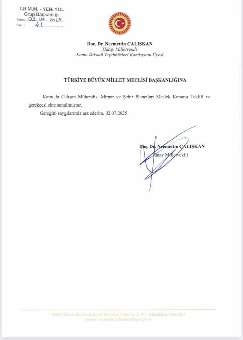 Saadet Partisi Hatay Milletvekili Sayın Doç.Dr. Necmettin ÇALIŞKAN; "Mühendis, Mimar ve Şehir Plancıları Meslek Kanunu" hazırlayıp TBMM'ye teklif olarak sunmuştur. 

Sayın vekilimize kamu kurum ve kuruluşlarında çalışan Mühendis, Mimar ve Şehir Plancıları için vermiş olduğu