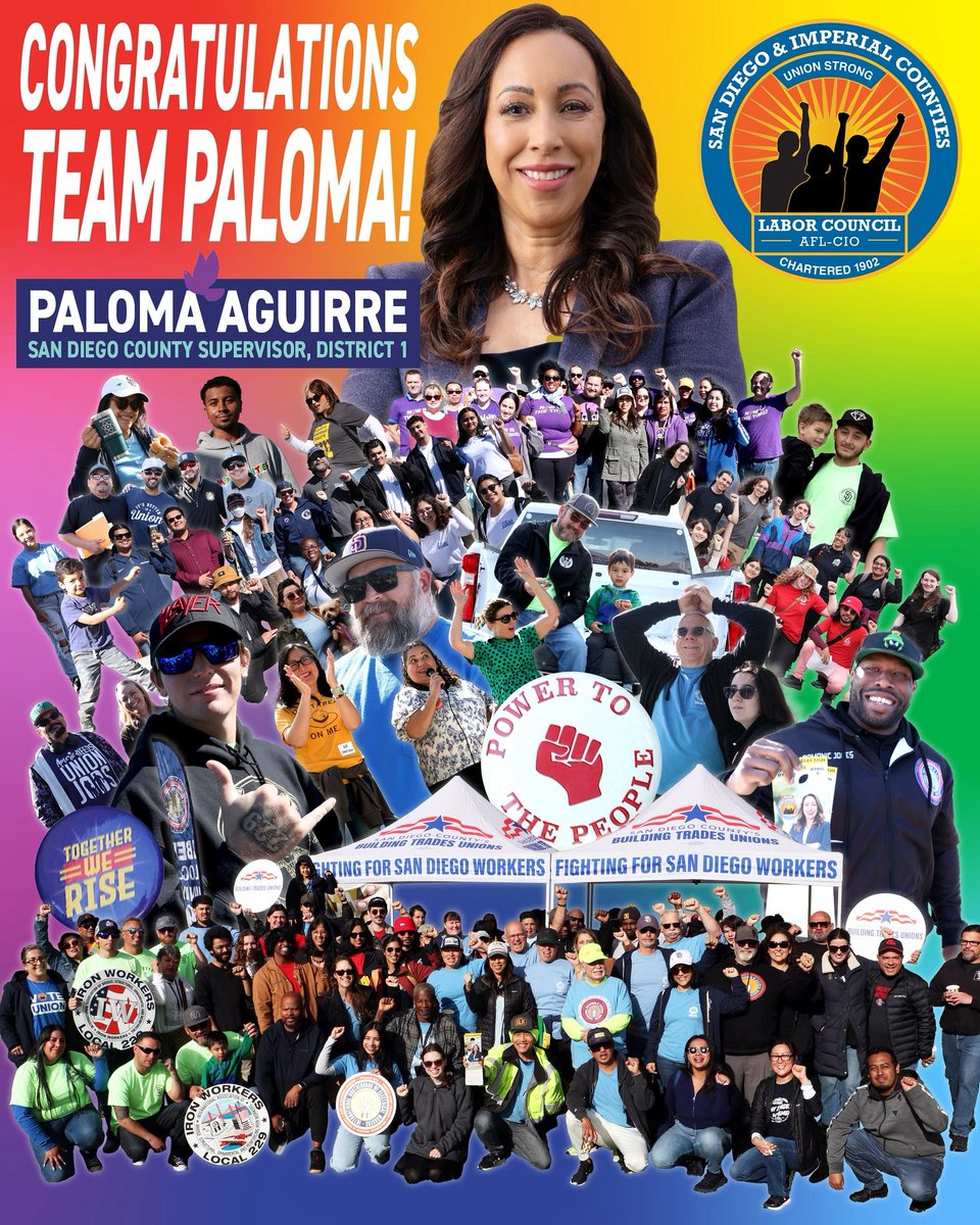 WE WON! PALOMA AGUIRRE = NEW SAN DIEGO COUNTY SUPERVISOR!

Union members, neighbors &amp; allies across SD County did this—blocking GOP cuts &amp; creating a pro-worker majority!

Now, it’s time to fight alongside Paloma for a county that works for us all!

#Unions4Paloma #TeamPaloma