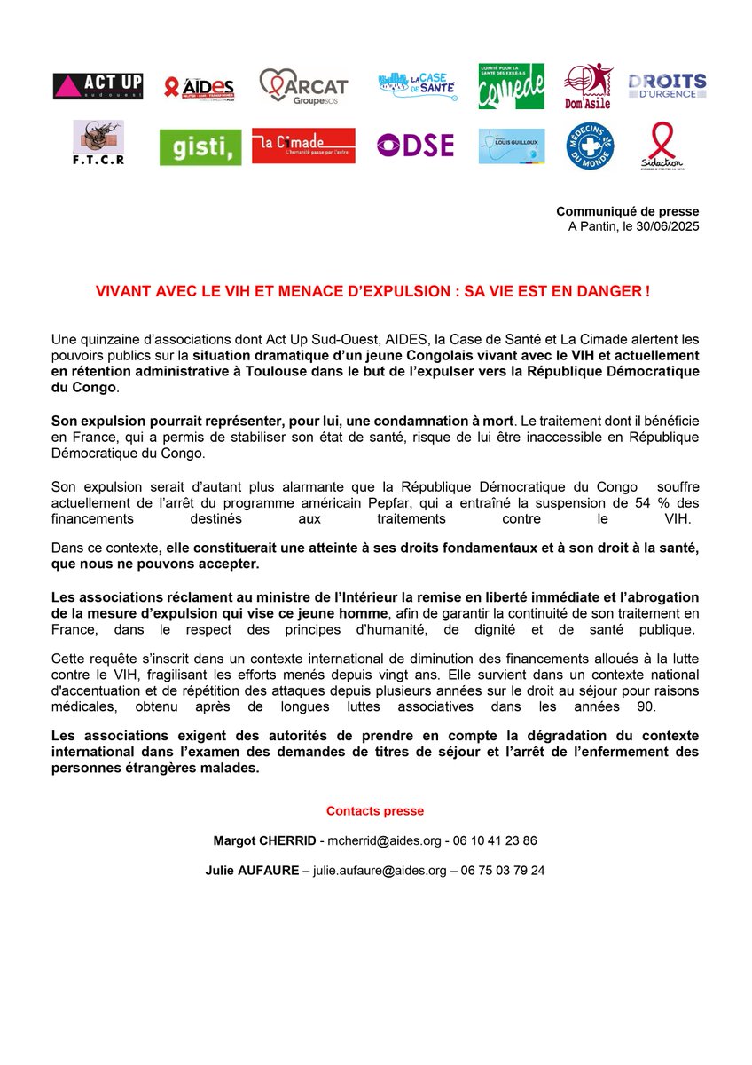 Une quinzaine d’associations dont Act Up Sud-Ouest, AIDES, et La Cimade alertent les pouvoirs publics sur la situation dramatique d’un jeune congolais vivant avec le VIH et actuellement en rétention administrative à Toulouse dans le but de l’expulser vers la RDC.