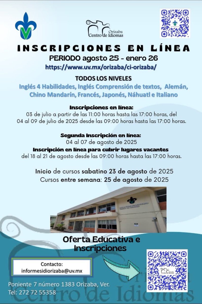 RegionalOz's tweet photo. UV CENTRODE IDIOMAS ORIZABA
INSCRIPCIONES EN LÍNEA
PERIODO agosto 25 - enero 26
https://t.co/z9yZsqD8V0
Contacto: informesidiorizaba@uv.mx https://t.co/YFHOyVirxC