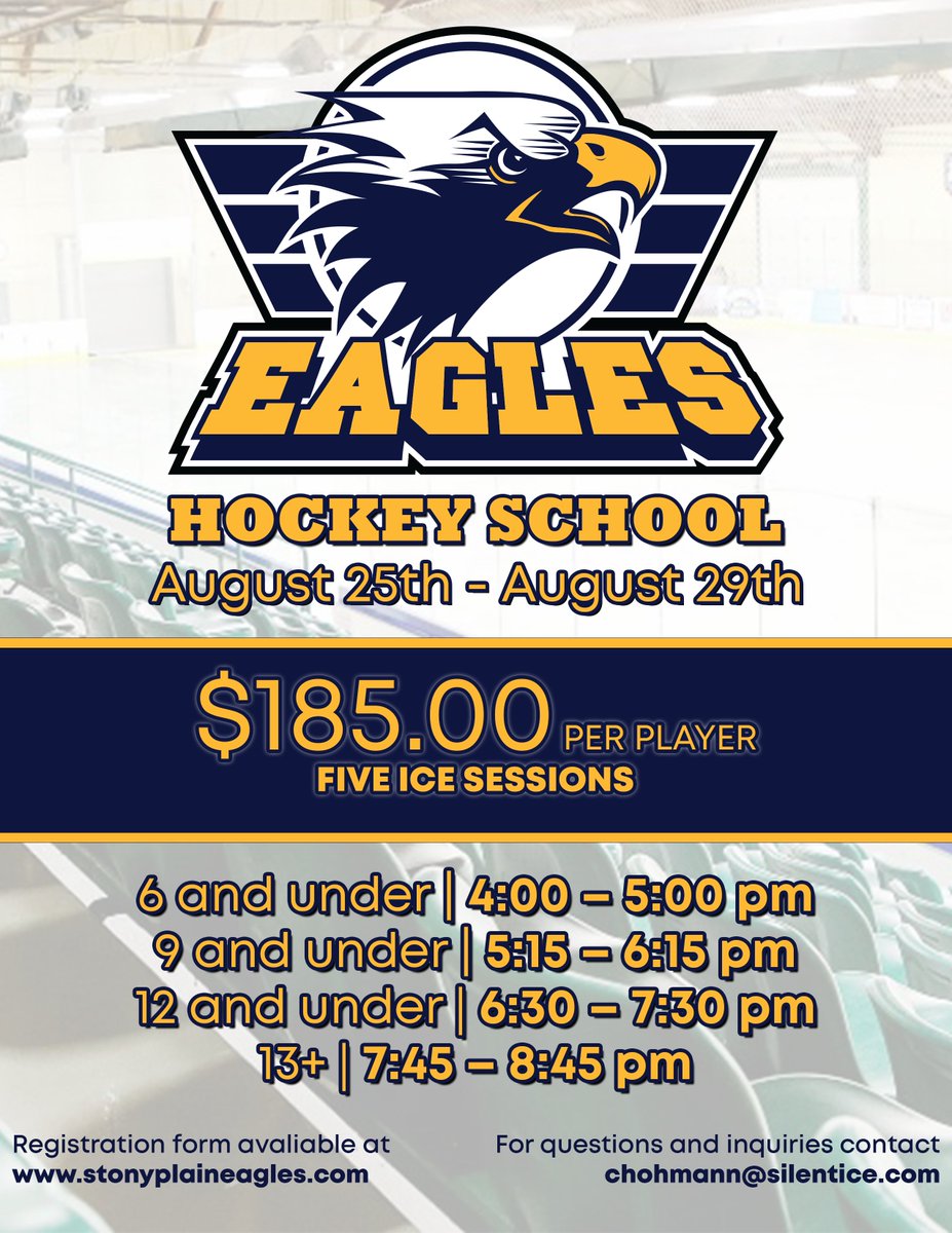 Eagles Hockey School is back in session! 🦅

Join us from August 25th-29th at Glenn Hall Arena to show your skills and get you set for the upcoming hockey season!

REGISTER HERE 🔗 | stonyplaineagles.com/content/eagles…

*Please send completed registration forms to chohmann@silentice.com