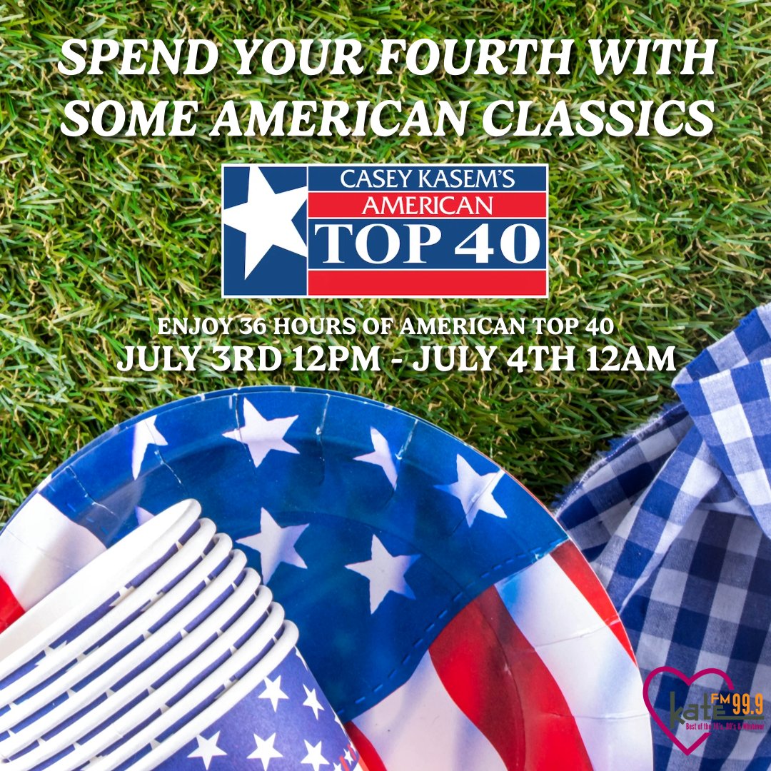Tune in to Kate 99.9 FM tomorrow for 36 straight hours of American Top 40!!!

90s, 70s Superstars, Disco Era, Kasem's last show, and much much more!!! All on Kate 99.9 FM!!!