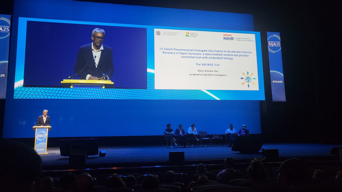ICNARC's tweet image. As part of the severe respiratory failure and sepsis session yesterday afternoon, ICNARC trustee Professor Manu Shankar-Hari spoke about the VACIRiSS trial, which a number of the ICNARC Statistics Team have worked on! 🤝#SOA25