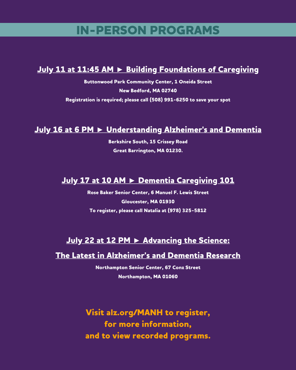 July Education Programs are now available! To register, learn more, and to view recorded programs, visit alz.org/MANH  🖥️💜