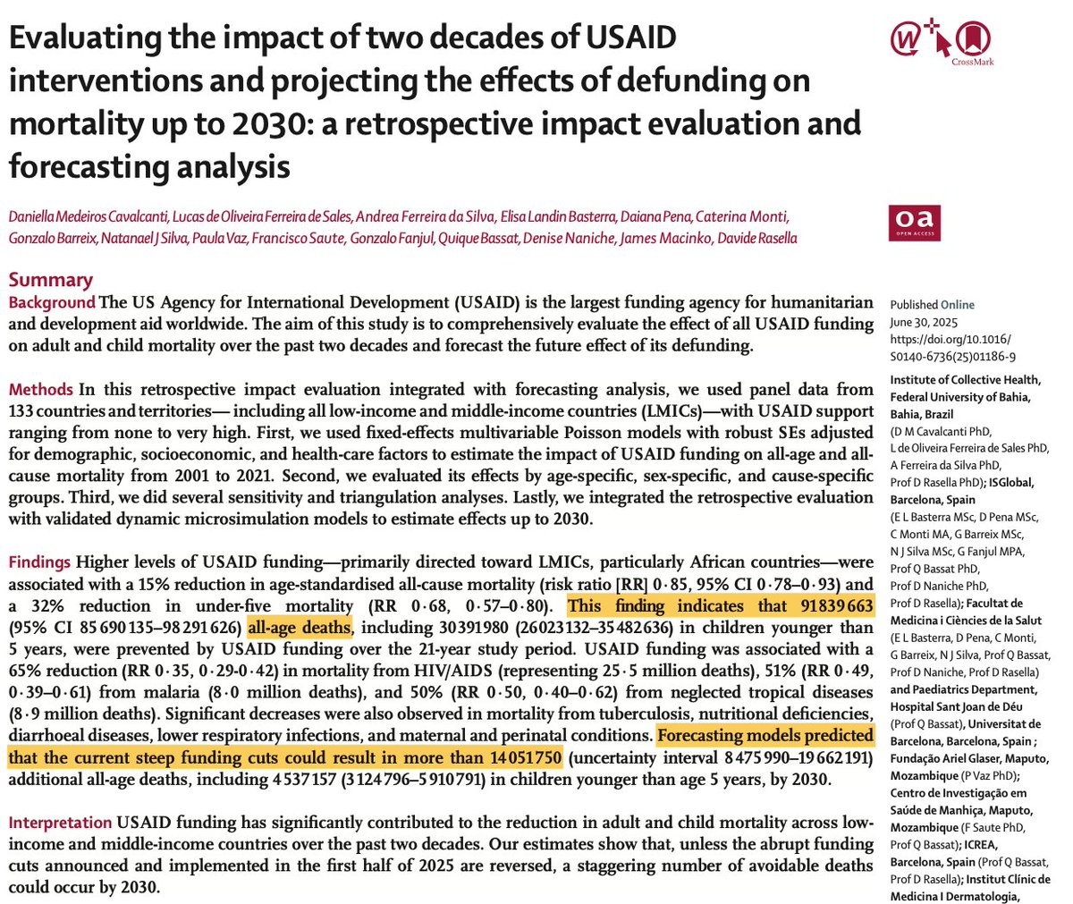 New Lancet paper estimates that USAID has prevented 92 million deaths across 133 countries from 2001-21

Compared to no change, the heavy DOGE/Trump/Musk cuts in early 2025 will likely lead to 14 million additional deaths by 2030 (incl 4.5m children)

thelancet.com/journals/lance…