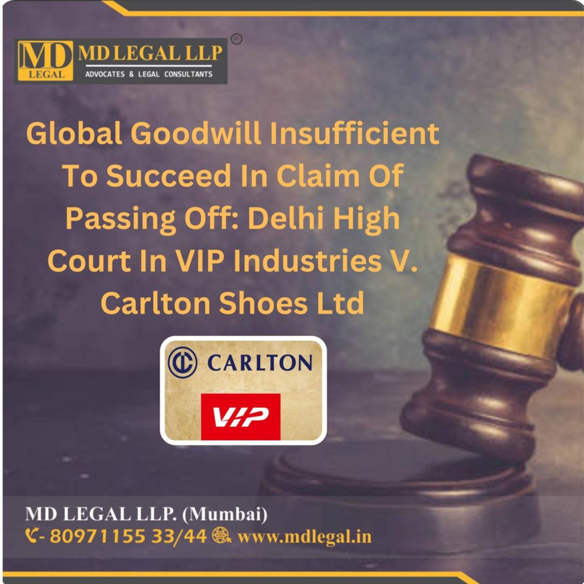 mdlegalllp's tweet image. Global Goodwill Insufficient to Support Passing‑Off Claim: Delhi HC in VIP Industries Ltd v Carlton Shoes Ltd
The Division Bench of the Delhi High Court 
 #DelhiHighCourt #TrademarkLaw #PassingOff #Goodwill #IntellectualProperty #LegalUpdate #IPR #BrandProtection #mdlegal
