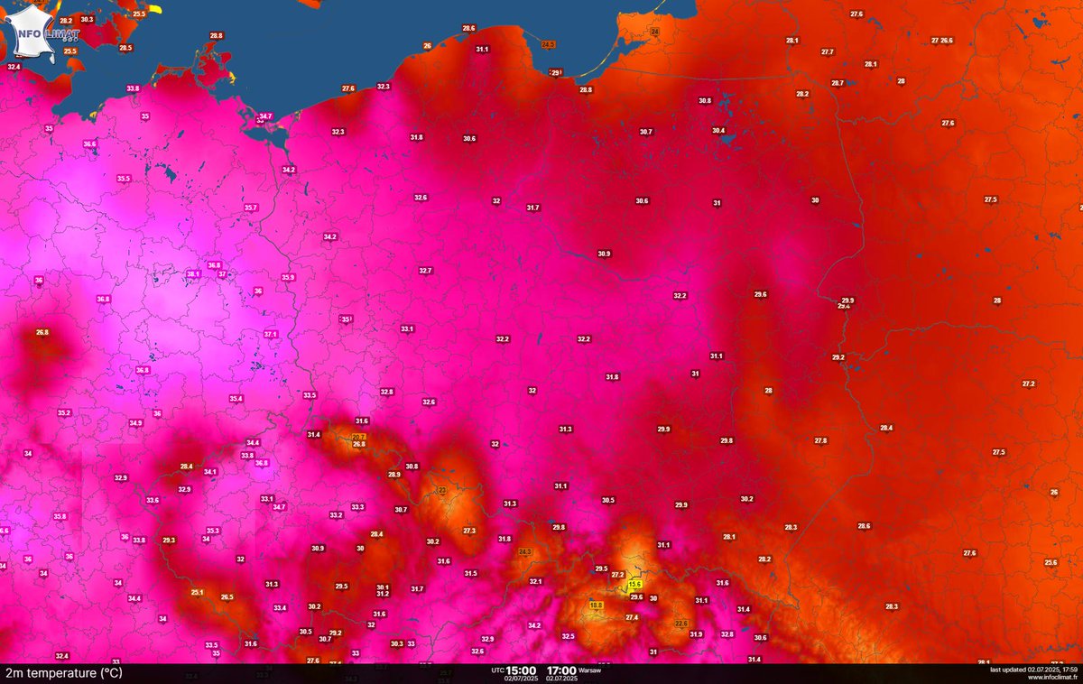 SOB_pl's tweet image. 🌡️Niemal 36 stopni pokazały dziś termometry na zachodzie kraju. Jutro najwyższe temperatury w centrum kraju. 
Grafika : @infoclimat 
#obserwatorzburz #pogoda #polska #upał #gorąco