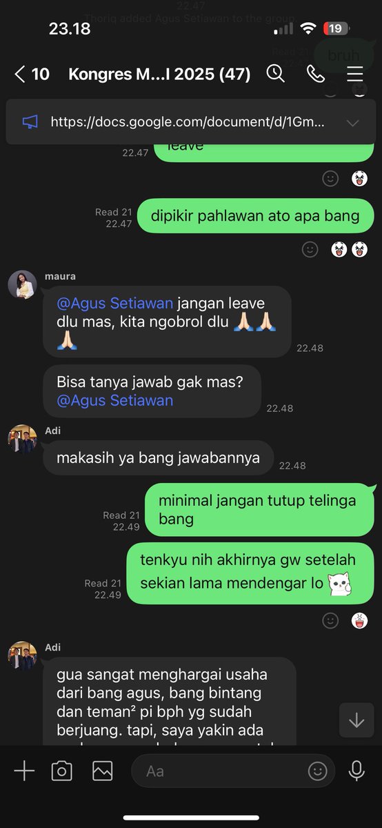 Grup Kongres hari ini

diinvite (karena katanya sah dari persnya), disuruh ngomong -> ngomong di malam hari -> leave 😭😭😭

sulit banget jujur kalo udah tutup telinga gini gimana ya 🧍🏻