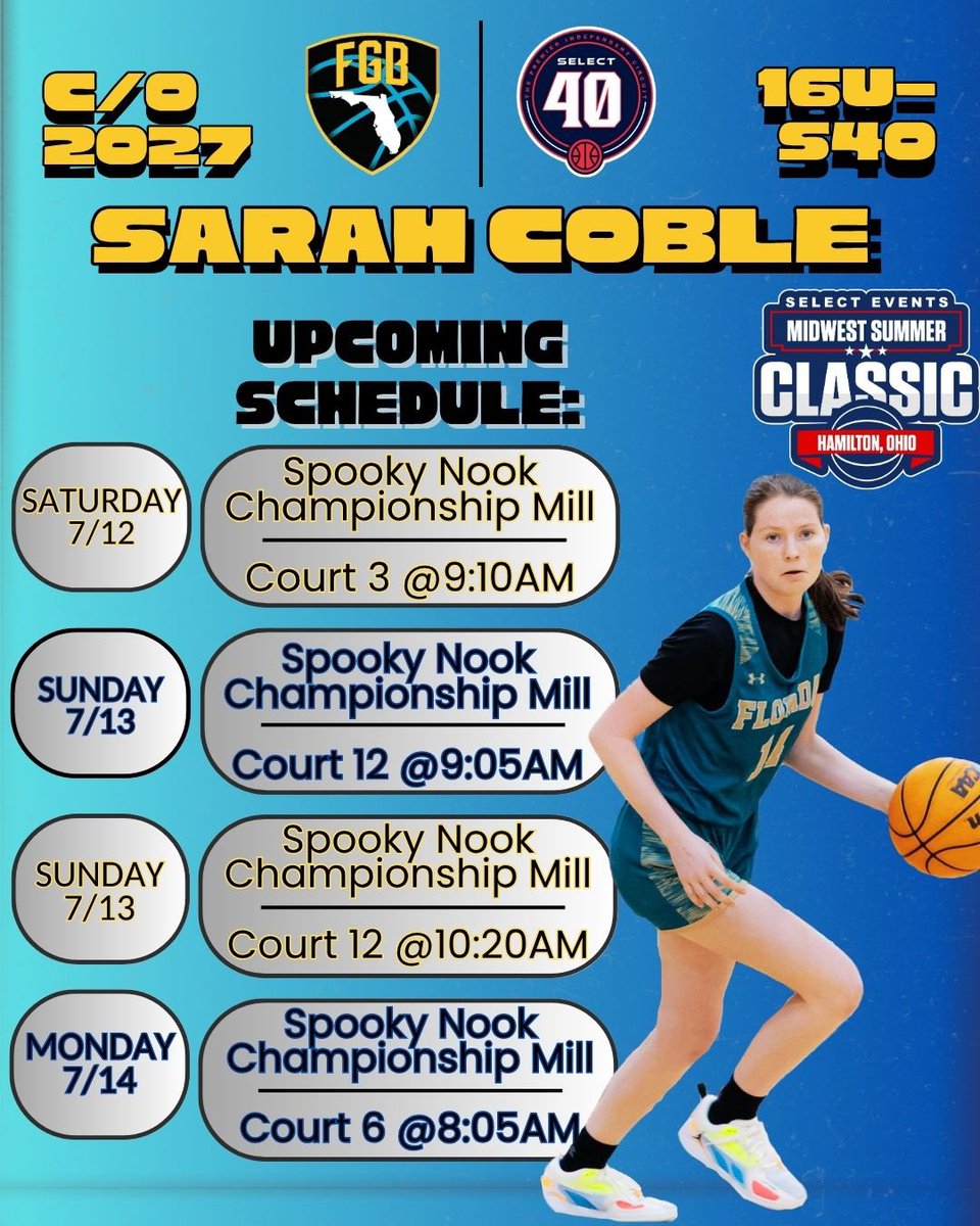 My teams schedule for the Midwest Summer Classic in Hamilton, Ohio. Come check us out!