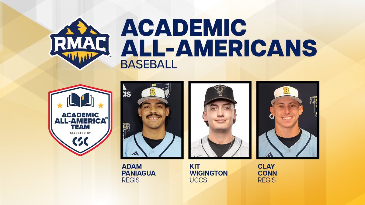 RMAC_SPORTS's tweet image. Congratulations to the three RMAC Baseball Student-Athletes named to @AcadAllAmerica yesterday!
Regis' Adam Paniagua & Clay Conn and UCCS' Kit Wigington!
That's 33 RMAC student-athletes awarded Academic All-America status so far in 2024-25!
#EverythingElevated |โฆ