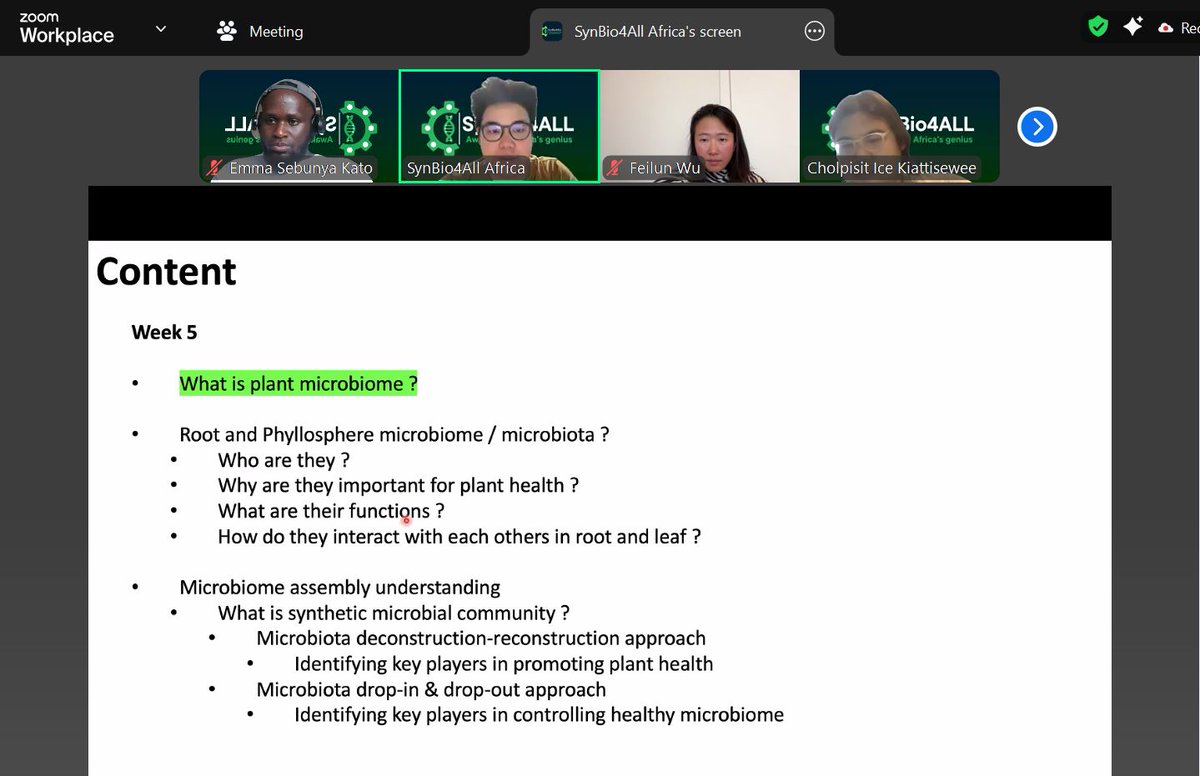 Synbio4allA's tweet image. Week 5 SynBio4ALL Africa plant synthetic biology course. Today, participants are diving into Plants Microbiome and Engineering Strategies, one of the most important topics in plant synthetic biology. For information about previous lectures, check synbio4all.wixsite.com/synbio4all