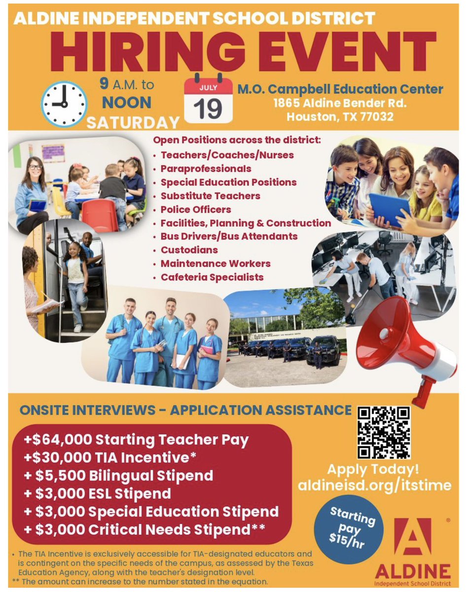 ☀️ Make a splash with your career!
Join us for our Summer Job Fair 🏖️
📅 Friday, July 19
🕘 9 AM–12 PM

Bring your passion, your resume &amp; let’s talk about your future with Aldine ISD! 💼 #AldineHiring #SummerJobFair #JoinAldine