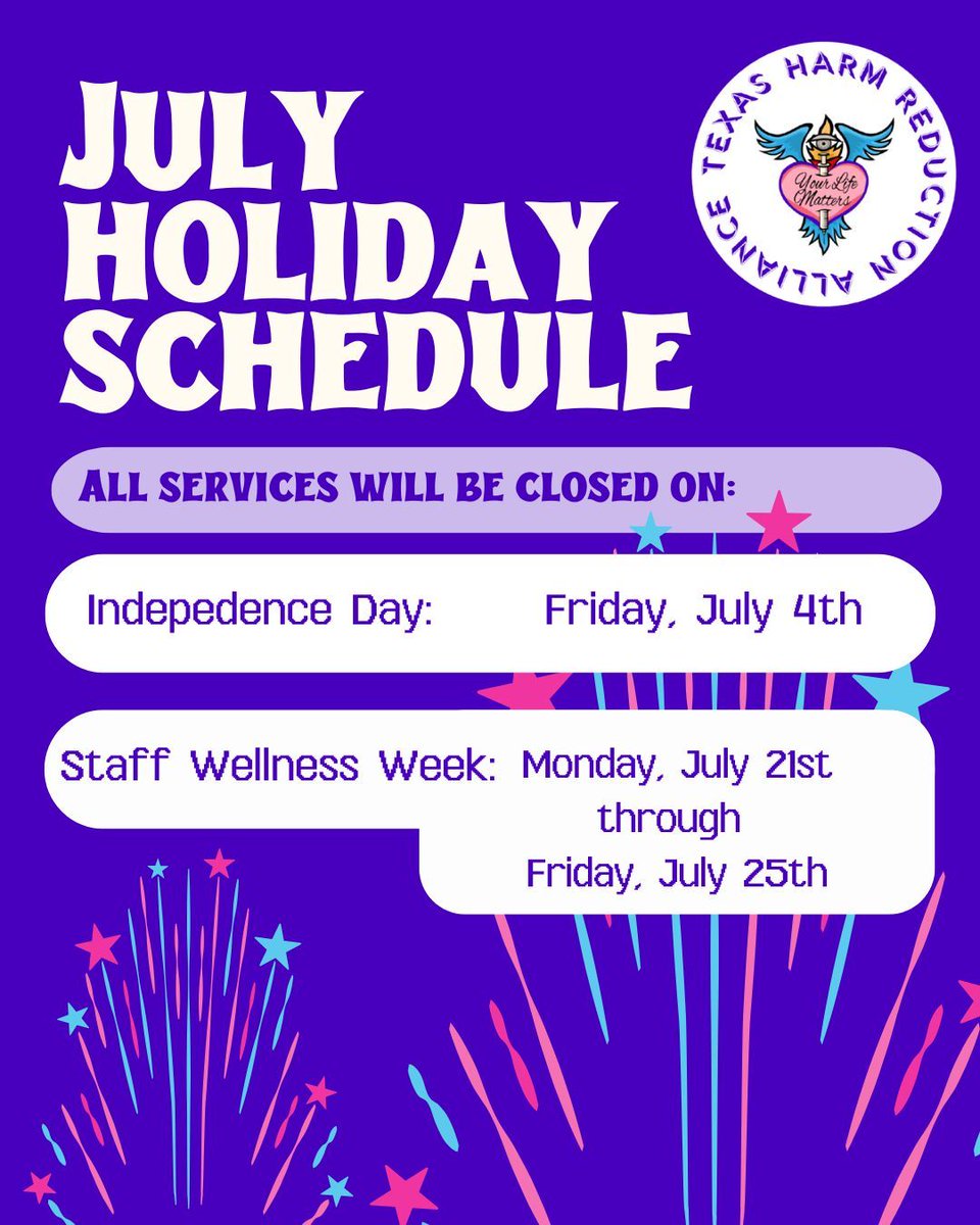 TexasHRA's tweet image. July schedule 💜 ✨
THRA will be closed Friday July, 4th for Independence Day and July 21st- 25th for our staff wellness week ❤️🩹