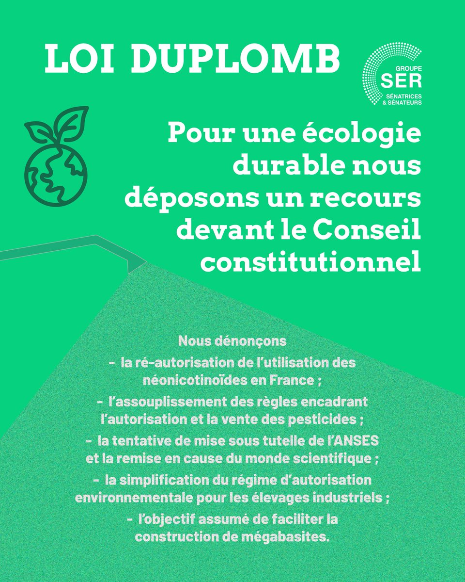 Sénatrices et sénateurs socialistes 🇪🇺 (@senateursps) on Twitter photo Le Groupe SER dépose un recours devant le Conseil constitutionnel pour défendre une #écologie durable et responsable. Ce texte ne s’adresse pas qu’aux agriculteurs , il oriente une vision de société à laquelle nous sommes fermement opposés.
#environnement  #Agriculture Le Groupe SER dépose un recours devant le Conseil constitutionnel pour défendre une #écologie durable et responsable. Ce texte ne s’adresse pas qu’aux agriculteurs , il oriente une vision de société à laquelle nous sommes fermement opposés.
#environnement  #Agriculture
