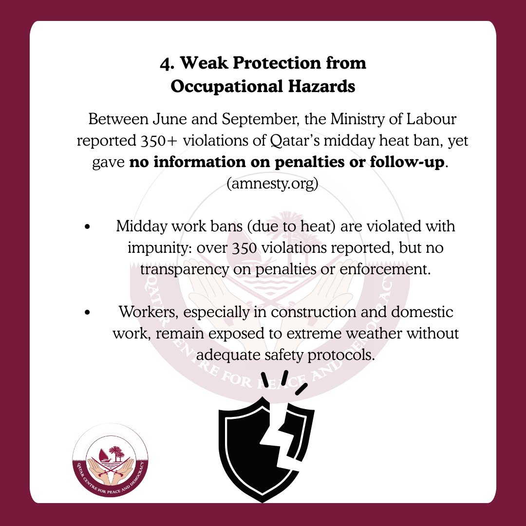QCPD_org's tweet photo. Between June and September, the Ministry of Labour reported over 350 violations of Qatar’s midday heat ban, yet gave no information on penalties or follow-up.  #QatarLabour #WorkerRights #HumanRights #WorkplaceSafety https://t.co/qY3USkVvMG