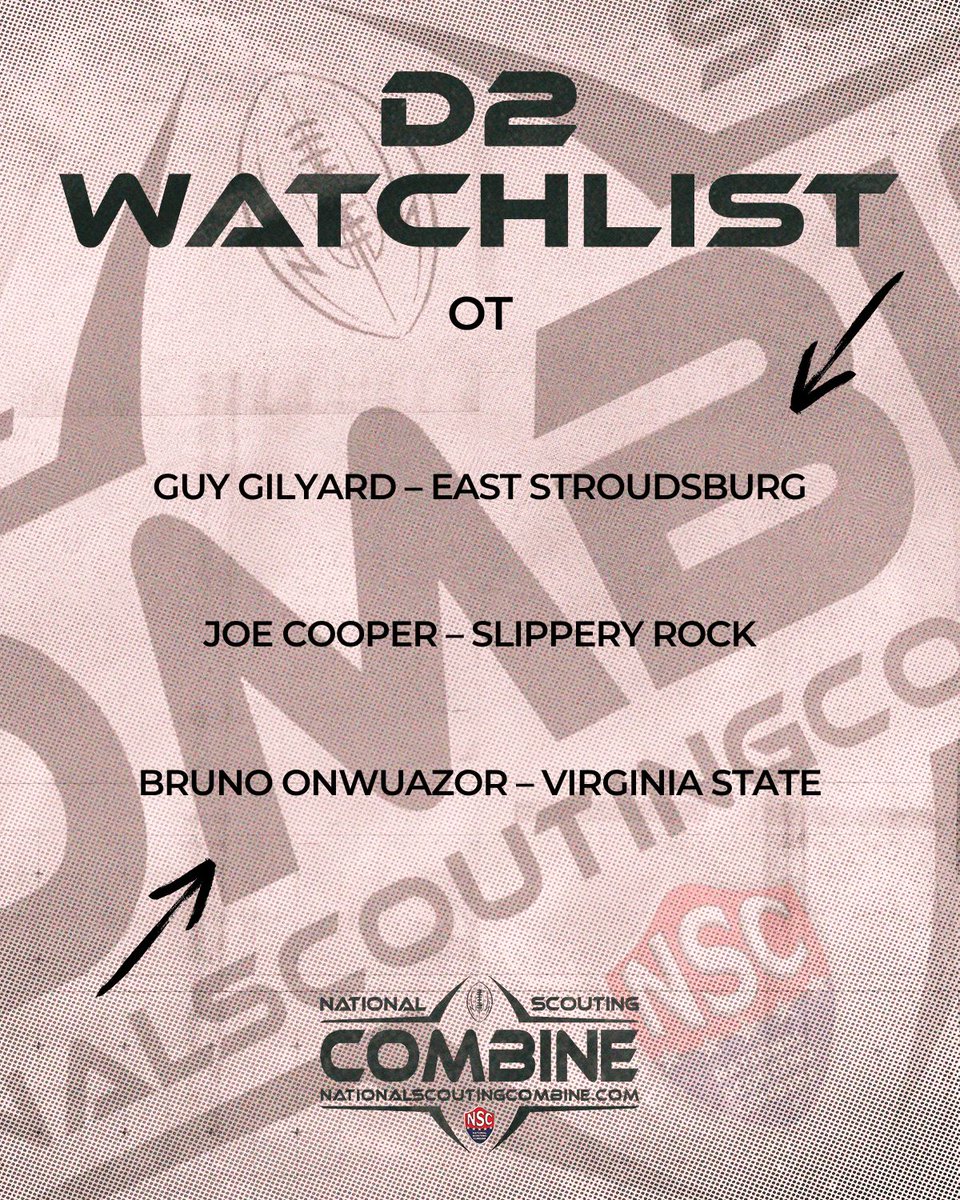 National Scouting Combine (@nscombine) on Twitter photo D2 Watchlist Week 4 ๐
Let's go!
<a href="/ESU_Football/">ESU Football</a>
<a href="/BigJoeCoop/">Joe Cooper</a>
<a href="/BrunoAustin07/">Bruno Onwuazor</a>
#NSC2026 #Watchlist #OnOurRadar #ProductOfNSC #D2 #Elite #ProFootball #Grind #EastStroudsburg #BloodRunsThick #SlipperyRock #Relentless #VirginiaState #GoTrojans D2 Watchlist Week 4 ๐
Let's go!
<a href="/ESU_Football/">ESU Football</a>
<a href="/BigJoeCoop/">Joe Cooper</a>
<a href="/BrunoAustin07/">Bruno Onwuazor</a>
#NSC2026 #Watchlist #OnOurRadar #ProductOfNSC #D2 #Elite #ProFootball #Grind #EastStroudsburg #BloodRunsThick #SlipperyRock #Relentless #VirginiaState #GoTrojans