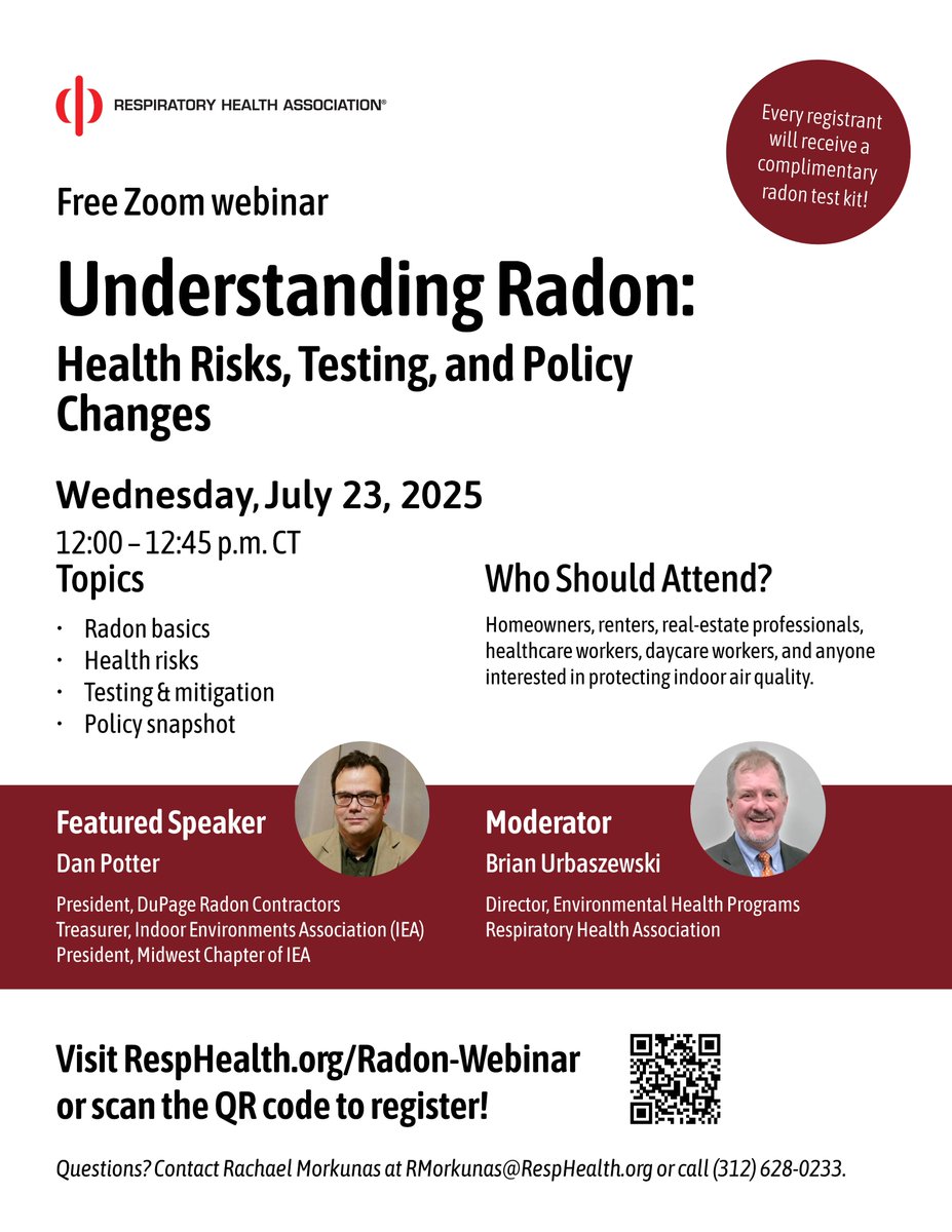 Respiratory Health Association (@resphealth) on Twitter photo Join us on Wednesday, July 23, 2025 for a free zoom webinar between 12:00 - 12:45 PM CST, as we cover #radon basics, #health risks, testing & mitigation, and a policy snapshot. RHA's Brian Urbaszewski, will be moderating. 
Sign up today at RespHealth.org/Radon-Webinar Join us on Wednesday, July 23, 2025 for a free zoom webinar between 12:00 - 12:45 PM CST, as we cover #radon basics, #health risks, testing & mitigation, and a policy snapshot. RHA's Brian Urbaszewski, will be moderating. 
Sign up today at RespHealth.org/Radon-Webinar