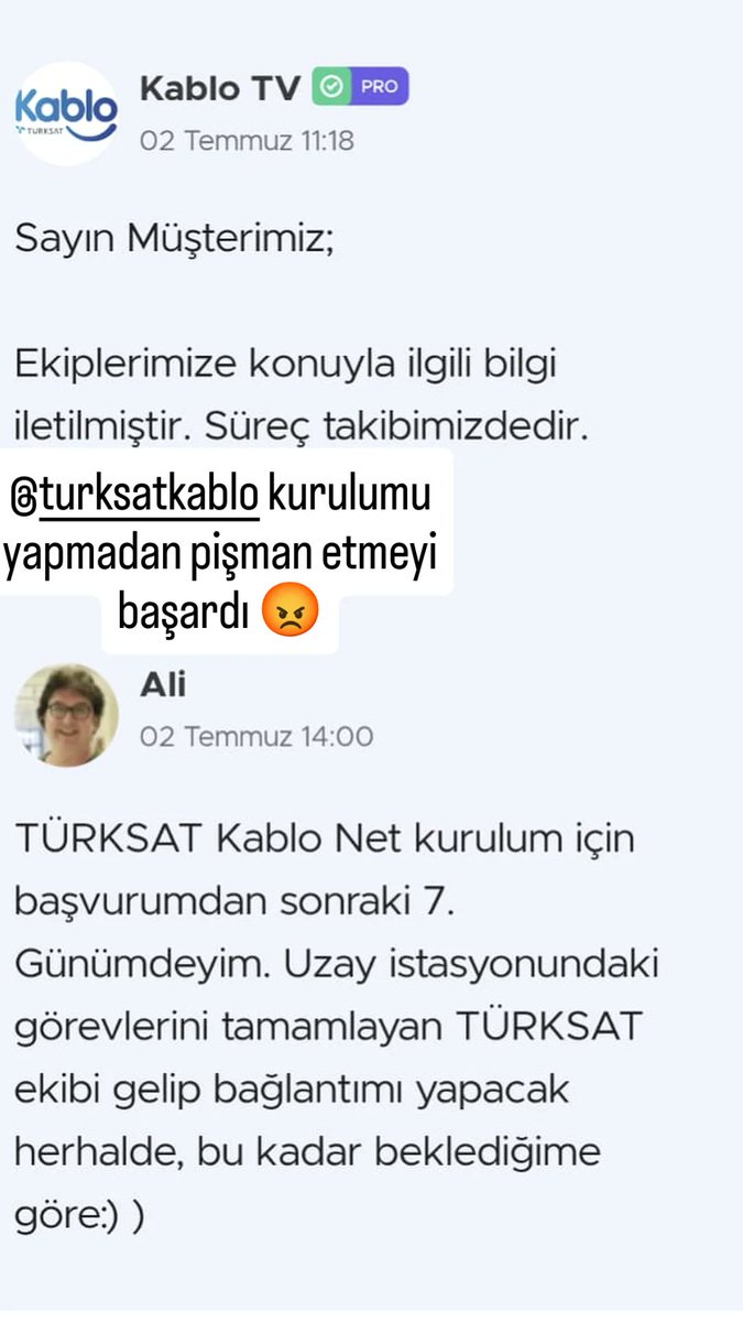 AliOlmezoglu's tweet photo. @TurksatAsistan 
Başvurumdan sonra 10. güne kurulum randevusu oluşturulacağına dair randevu biriminden bilgilendirme telefonu aldım. Bu  "TURK"SAT şirketinden gelen ilk bilgilendirme.. https://t.co/xo4gT73YsG