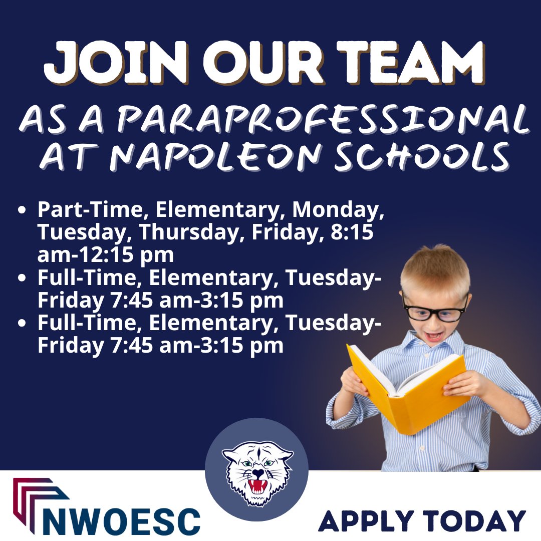 We've got positions open in Henry County too. Apply for the Napoleon paraprofessional openings today, using this link: nwoesc.schoolspring.com/?jobid=5197478