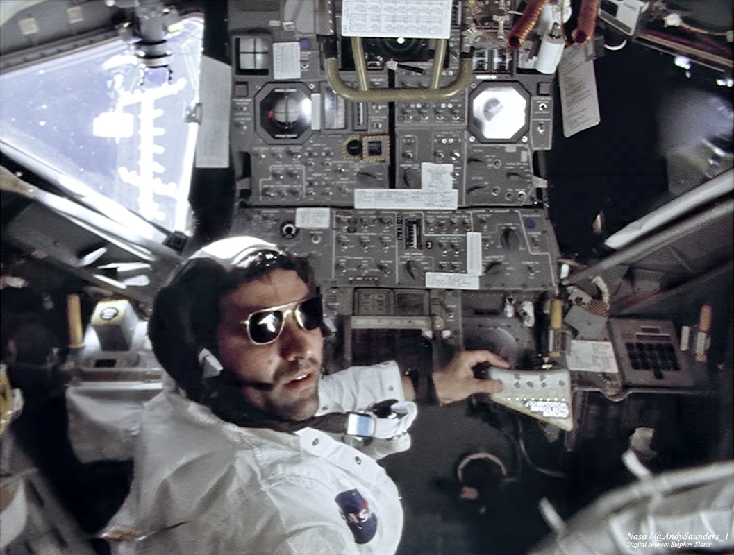 AndySaunders_1's tweet image. Happy 90th Birthday to Jack Schmitt!
Lunar Module Pilot of Apollo 17 - one of only 12 men to walk on the Moon, one of just four still with us.
Created from multiple frames of 16mm film, as featured in Apollo Remastered, here he is inside the LM on the way to the Moon. Dec 9, '72.