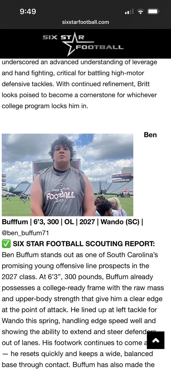 Ben Bufffum (LT/DT 6β3 285 2027) (@ben_buffum71) on Twitter photo Thank you <a href="/sixstarfootball/">Six Star Football | PLUS+</a> for another scouting report from <a href="/GamecockFB/">South Carolina Football</a> prospect camp! <a href="/CoachTeasley/">Lonnie Teasley</a> <a href="/CoachG_Adkins/">Greg Adkins</a> <a href="/rogerpedroni16/">Roger Pedroni</a> <a href="/WandoHSFootball/">Wando Warrior Football</a> <a href="/CoachNic2336/">Coach Nichols</a> <a href="/CoachPerrin61/">Isaiah Perrin</a> <a href="/NPCoachJeff/">Jeff@nationalpreps.com</a> Thank you <a href="/sixstarfootball/">Six Star Football | PLUS+</a> for another scouting report from <a href="/GamecockFB/">South Carolina Football</a> prospect camp! <a href="/CoachTeasley/">Lonnie Teasley</a> <a href="/CoachG_Adkins/">Greg Adkins</a> <a href="/rogerpedroni16/">Roger Pedroni</a> <a href="/WandoHSFootball/">Wando Warrior Football</a> <a href="/CoachNic2336/">Coach Nichols</a> <a href="/CoachPerrin61/">Isaiah Perrin</a> <a href="/NPCoachJeff/">Jeff@nationalpreps.com</a>