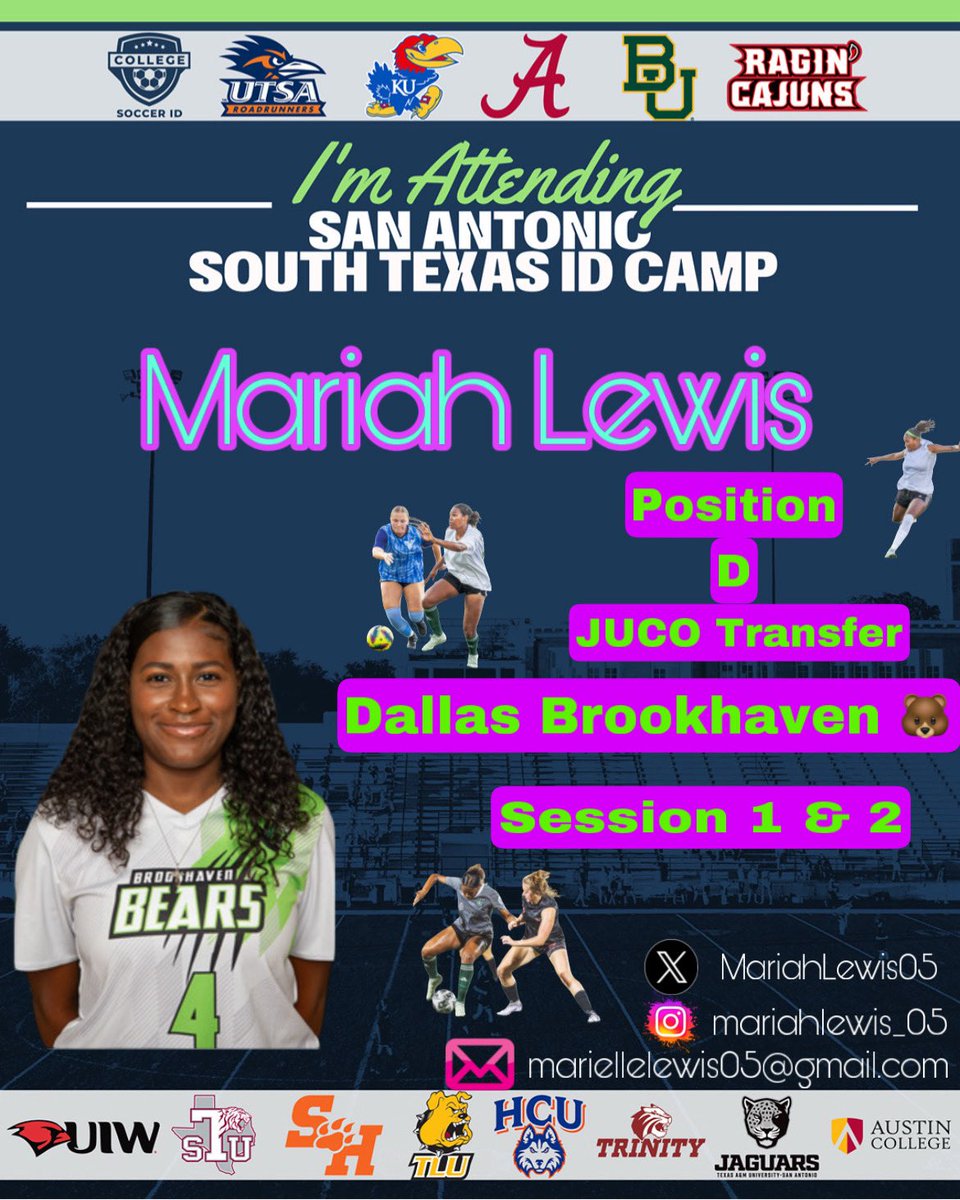 Super excited to be attending the San Antonio <a href="/CollegeSoccerID/">College Soccer ID</a> Camp with these amazing programs and I can’t wait to be on the pitch and learn. #collegesoccer #WomensSports #soccergirl #futurepro