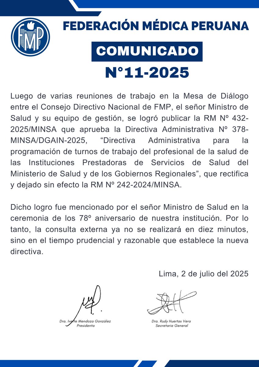 🗣️ Logro de la Federación Médica Peruana
🔵📄 COMUNICADO Nº 11-2025
🔗 Directivas Administrativas para la programación de turnos de trabajo del profesional de la salud: gob.pe/.../normas-leg…