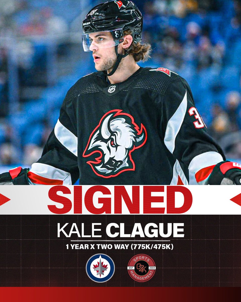 O2K Sports Management (@o2ksports) on Twitter photo Off to the True North ✈️ Congratulations to O2K client Kale Clague <a href="/KaleClague/">Kale Clague</a> on signing a 1 year, two-way contract with the <a href="/NHLJets/">Winnipeg Jets</a>!
#nhljets #NHLFreeAgency Off to the True North ✈️ Congratulations to O2K client Kale Clague <a href="/KaleClague/">Kale Clague</a> on signing a 1 year, two-way contract with the <a href="/NHLJets/">Winnipeg Jets</a>!
#nhljets #NHLFreeAgency