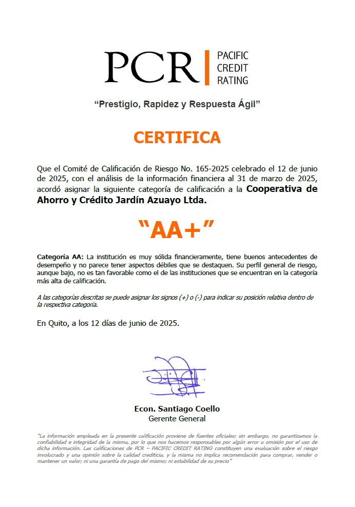 🗣Compartimos nuestra calificación de riesgos otorgada por la calificadora Pacific Credit Rating la misma que refleja la solidez financiera de nuestra institución y la correcta administración de los recursos de nuestros socios. 🤝