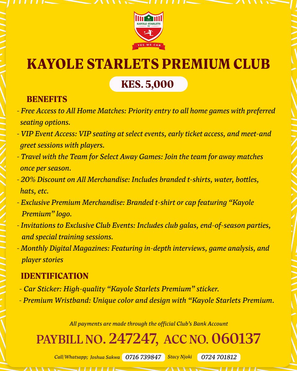 KayoleStarlets's tweet photo. Be part of the growing Kayole Starlets family! ❤️

Fans can now officially register as club members under three categories: Fans Club, Premium Club, and Diamond Club. Your support has been immense &amp; now it’s time to make it official!

#KSFC https://t.co/zBwl2oBVXN