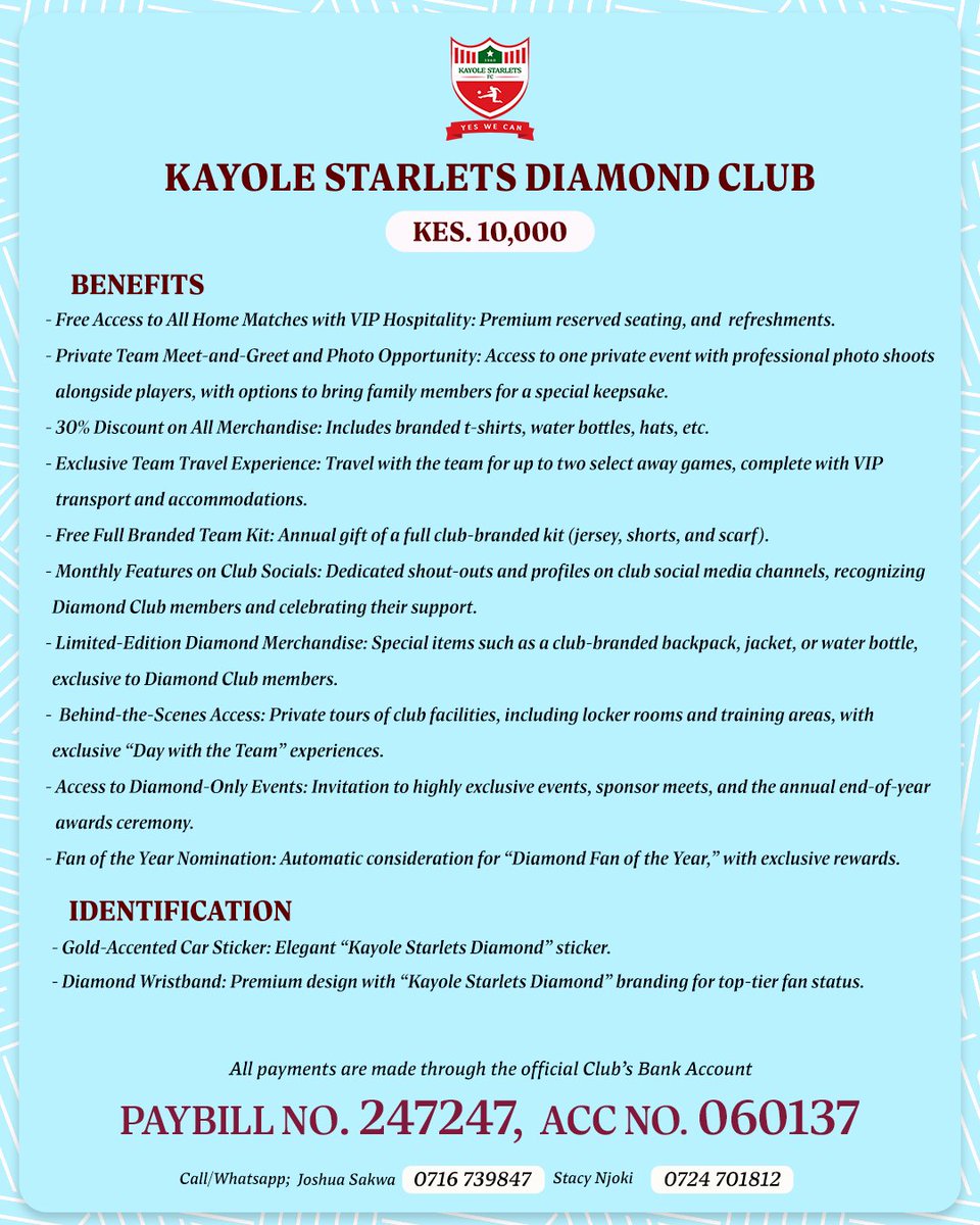 KayoleStarlets's tweet photo. Be part of the growing Kayole Starlets family! ❤️

Fans can now officially register as club members under three categories: Fans Club, Premium Club, and Diamond Club. Your support has been immense &amp; now it’s time to make it official!

#KSFC https://t.co/zBwl2oBVXN