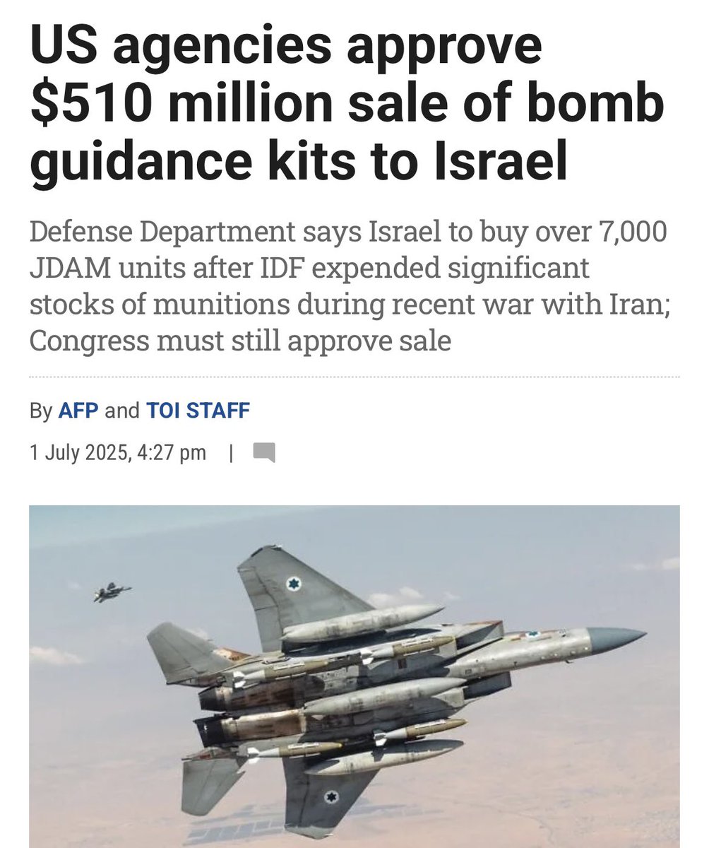 josette caruso (@josettecaruso) on Twitter photo <a href="/LegitTargets/">Legitimate Targets</a> <a href="/jacksonhinklle/">Jackson Hinkle 🇺🇸</a> The United States on Monday announced the approval of a $510 million sale to Israel of bomb guidance kits and related support, after Israel expended significant munitions in its recent conflict with Iran.
“The proposed sale will enhance Israel’s capability to meet current and <a href="/LegitTargets/">Legitimate Targets</a> <a href="/jacksonhinklle/">Jackson Hinkle 🇺🇸</a> The United States on Monday announced the approval of a $510 million sale to Israel of bomb guidance kits and related support, after Israel expended significant munitions in its recent conflict with Iran.
“The proposed sale will enhance Israel’s capability to meet current and